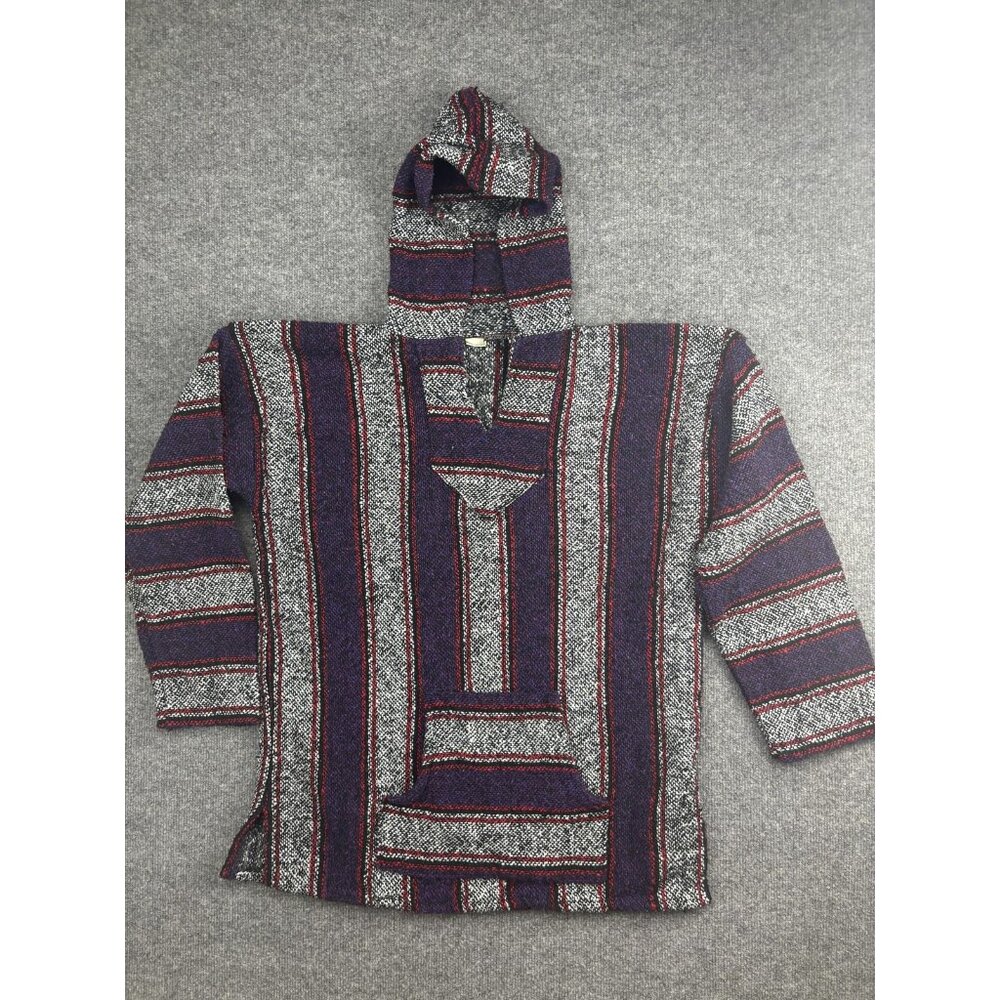 Baja Hoodie Pullover Mens XL Purple‎ Gray Striped Jerga Poncho Kangaroo Pocket